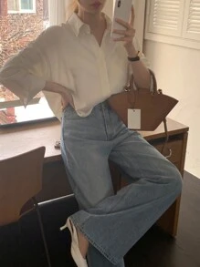 DAZY 女式杏色休闲百搭衬衫，春夏秋季学院风上衣，秋季女装长袖上衣