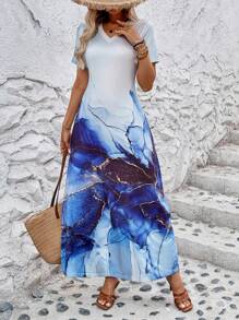SHEIN LUNE Vestido largo de manga corta con cuello en V para mujer con estampado, adecuado para uso diario informal y vacaciones en la playa, verano - Azul Marino - Ver 6