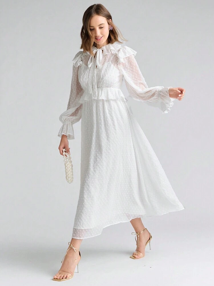 Fall Holiday Romantic Princess White Ladies' Belle-Sleeved Ruffled Belted Dress With Sweet Flounce Hemline, Elegant And Soft