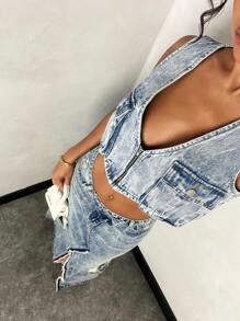 SHEIN BAE 口袋拉鍊短版背心牛仔上衣 - 藍色 - 查看 6