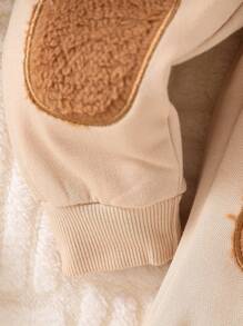 3 piezas/Conjunto Conjunto informal para vacaciones/invierno para niños pequeños con parte superior de manga larga con estampado de osos lindos, chaleco con capucha de color bloque esponjoso y pantalón de chándal