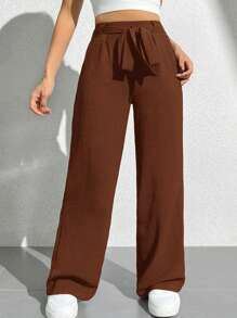 SHEIN PETITE Solid Color Tie Waist Wide Leg Pants, Long - Brown - View 4