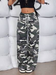 SHEIN ICON Jeans con estampado de camuflaje y cintura ajustable con cordón y bolsillos inclinados