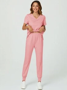 TaskEZ Bộ áo và quần ngắn tay cổ chữ V màu trơn có hai túi - Hồng - Xem 7