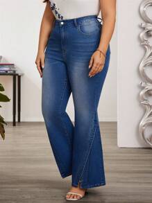 SHEIN LUNE 女式大码休闲开叉喇叭牛仔裤，带口袋 - 中等水洗藍 - 查看 3