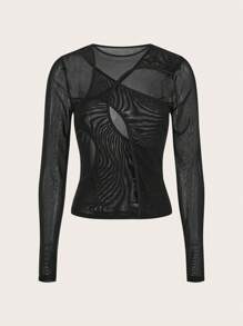 SHEIN EZwear 女性休閒純色薄針織上衣，常規長袖，圓領線條感