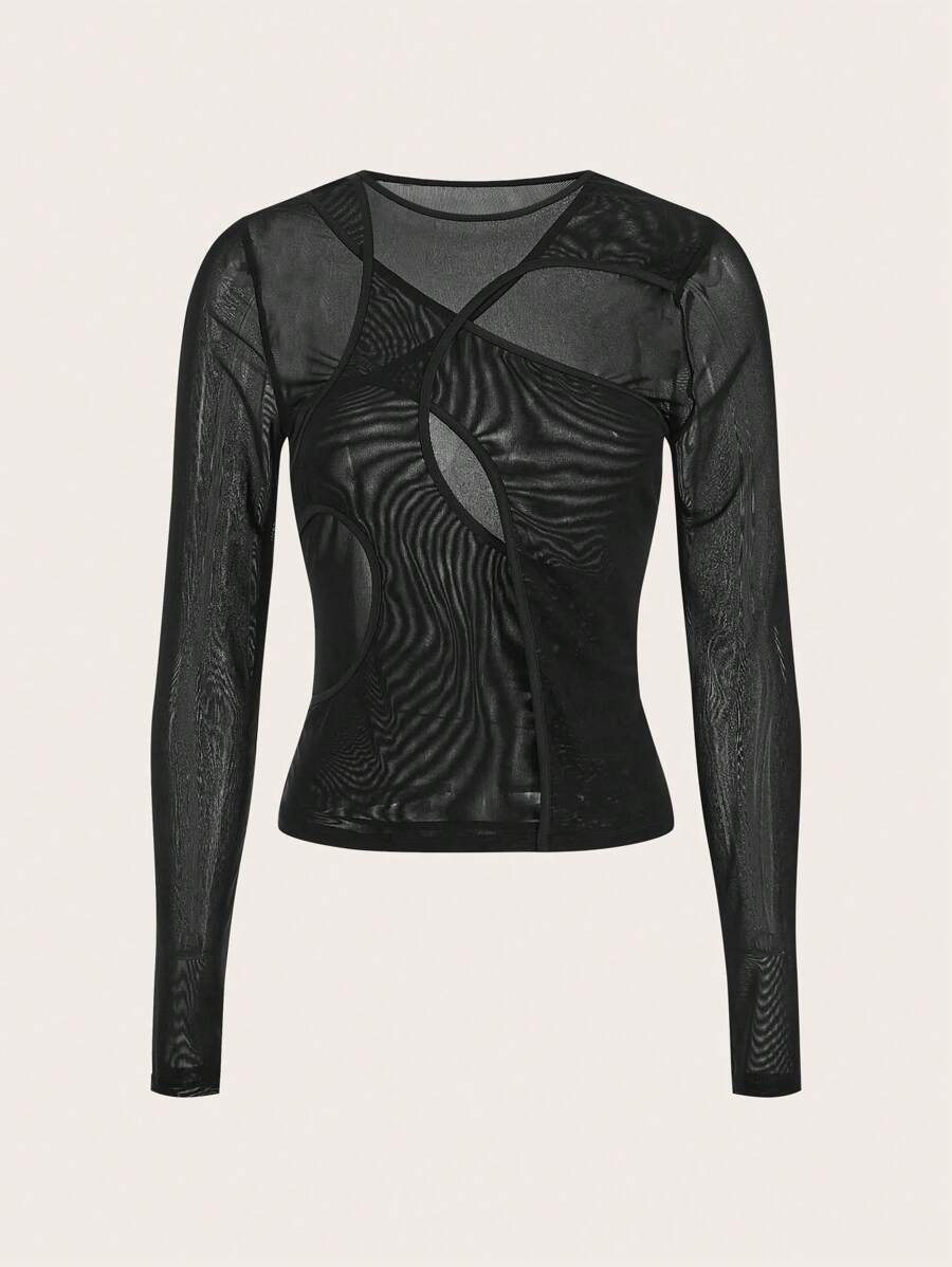 SHEIN EZwear 女性休閒純色薄針織上衣，常規長袖，圓領線條感