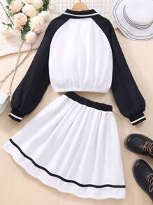 Teen Girl Colorblock Letter Printed Long Sleeve Top And Pleated Skirt Two Pieces Set - Black and White - View 2