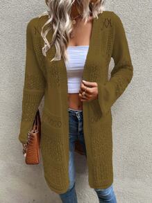 SHEIN LUNE 純色長袖空心針織開衫，輕鬆休閒日常造型 - 軍綠色 - 查看 6