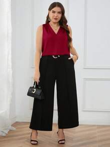 Firerie Áo ba lỗ nhún bèo thời trang cỡ lớn, màu sâm panh, cổ chữ V, dáng rộng, dài, đơn giản và phù hợp với trang phục công sở hàng ngày - Màu Đỏ Sâu - Xem 5