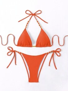 SHEIN Swim 純色露背綁帶夏季海灘比基尼套裝 - 亮橙色 - 查看 4