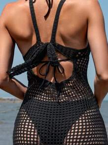 SHEIN Swim 女士露背网眼镂空高开叉性感短款上衣夏季 - 黑色 - 查看 3
