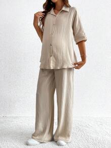 SHEIN 孕婦純色短袖前扣上衣和打結休閒褲，2件套裝 - 卡其色 - 查看 6