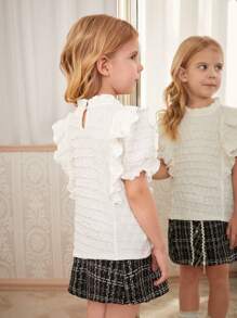 SHEIN 2pcs/Set Little Girls Elegant Commute Casual Ruffle Collar Puff Sleeve T-Shirt And Boucle A-Line Skirt Outfit, Back To School
