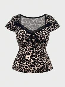 SHEIN MOOSTA 大码女式夏季鸡心领花卉蕾丝豹纹T恤图案猎豹纹T恤女式上衣 - 黑色 - 查看 1