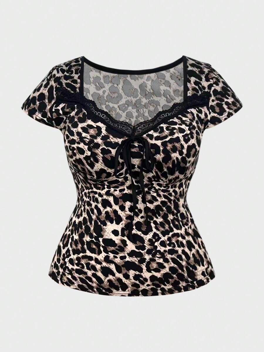 SHEIN MOOSTA 大码女式夏季鸡心领花卉蕾丝豹纹T恤图案猎豹纹T恤女式上衣 - 黑色 - 查看 1