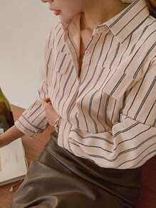 DAZY Striped Print Drop Shoulder Shirt,Fall Clothes Long Sleeve Top - Apricot - View 3