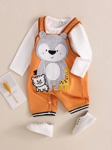 嬰兒男童服裝套裝，動物刺繡背帶褲和上衣，2件套 - 橘色 - 查看 1