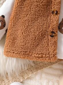 3 piezas/Conjunto Conjunto informal para vacaciones/invierno para niños pequeños con parte superior de manga larga con estampado de osos lindos, chaleco con capucha de color bloque esponjoso y pantalón de chándal