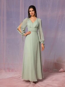 SHEIN Belle Elegante vestido verde salvia para mujer con tela fruncida de gasa, escote en V, pliegues en el pecho y la cintura, mangas largas con abertura transparente, lazo en la cintura y dobladillo en forma de A. Adecuado para bodas, festivales de música, eventos de regreso a la escuela y como vestidos de dama de honor. Tamaño estándar. - Verde - Ver 4