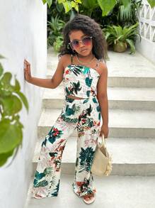 SHEIN Leap Crew Girls Tropical Print Cami Top & Wide Leg Trousers - Multicolor - View 6