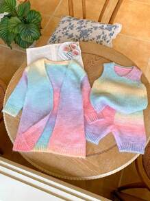 SHEIN 寶寶女孩可愛彩色漸變長外套短褲背心3件套裝，秋冬休閒裝