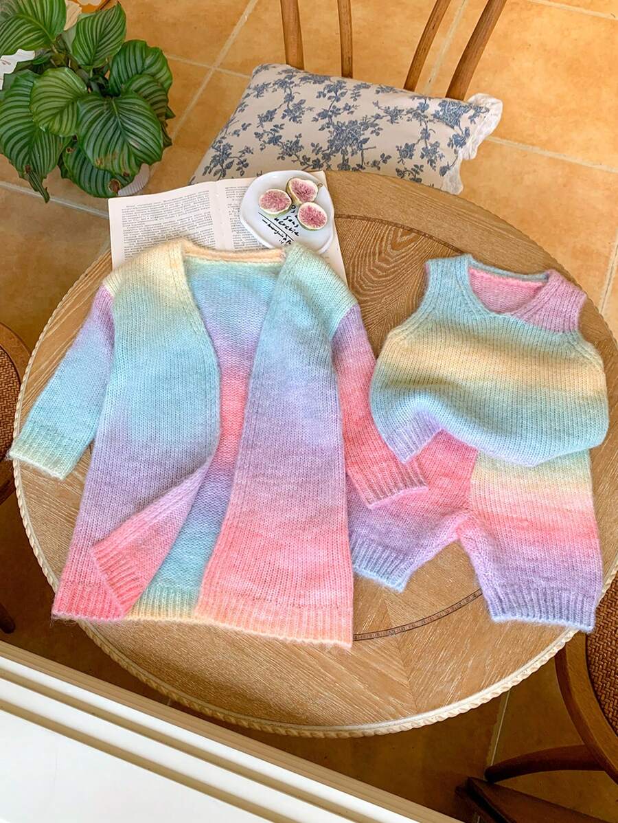 SHEIN 寶寶女孩可愛彩色漸變長外套短褲背心3件套裝，秋冬休閒裝