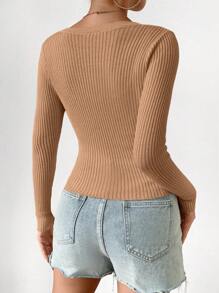 Chiquease Ribbed Knit Button Front Cardigan For Dailywear - Brown - View 2