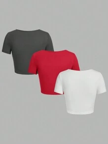 SHEIN EZwear 休闲简约方领长袖修身女士T恤，适合春秋季节 - 彩色 - 查看 2