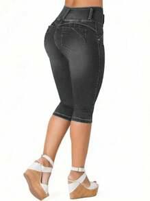 High Waist Butt Lifting Stretch Capri Jeans For Women - 3 Button Skinny Fit Push Up Denim Pants Summer Casual Sculpting Look - 灰色 - 查看 2