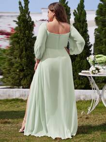 EVERPRETTY Plus Off Shoulder Lantern Sleeve High Split Sage Green Bridesmaid Dresses Spring Formal Dresses - Mint Green - View 2