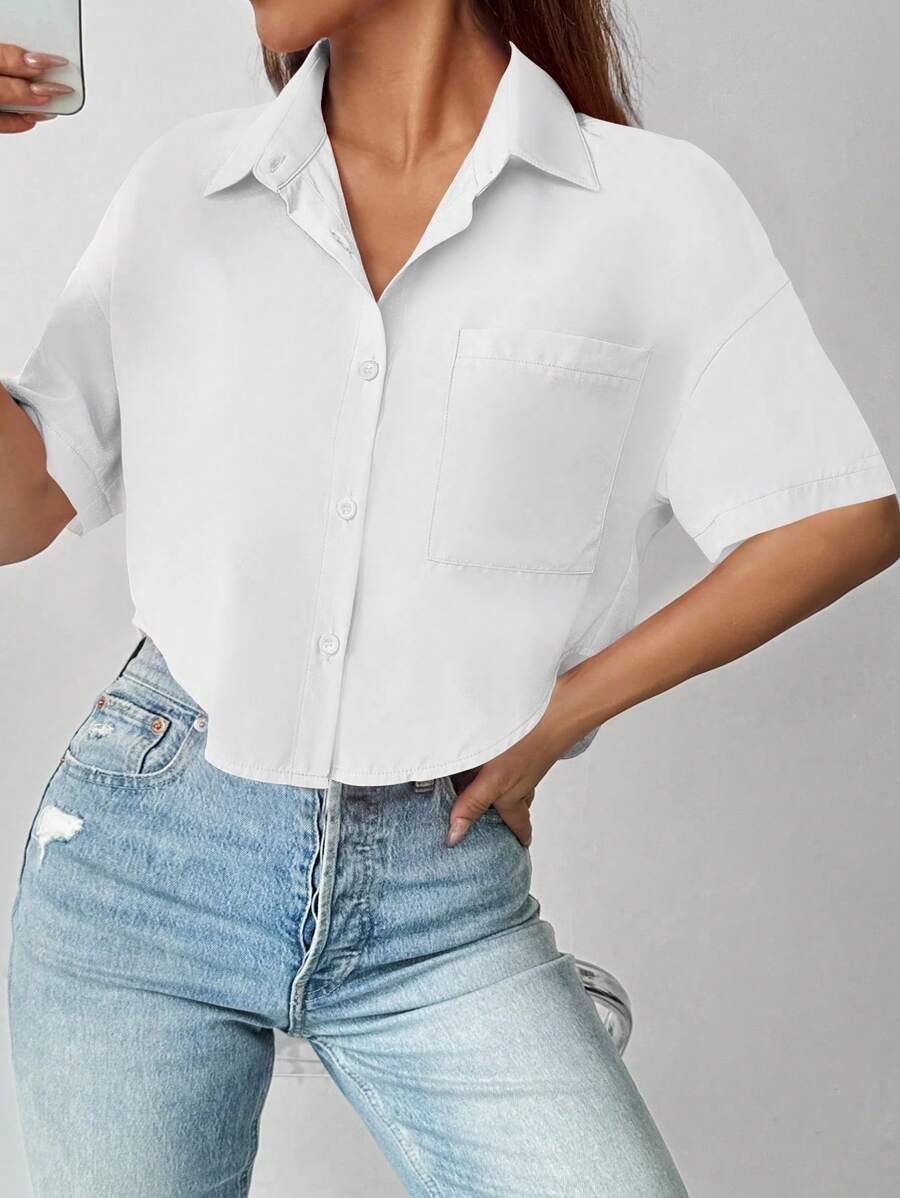 SHEIN LUNE 夏季纯色纽扣前落肩衬衫、短袖上衣