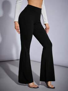 SHEIN Tall 女式高腰針織彈性修身黑色喇叭褲 - 黑色 - 查看 4