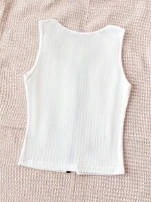 Soleia 夏季度假女士白色針織坦克頂部，紋理提花，開襟式，蕾絲修飾，蝴蝶結，修身剪裁，短版，適用度假穿著，可內外穿戴，可愛上衣 - 白色 - 查看 2