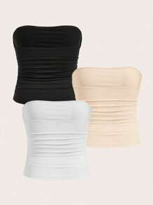 Calvaya Plus 3pcs Solid Ruched Tube Top - Multicolor - View 2