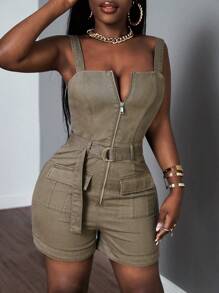 SHEIN Slayr Straps Solid Zip Up Flap Pocket Belted Sleeveless Denim Romper - Army Green - View 6