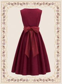 Vintamour Vestido de verano elegante y vintage para mujer con silueta ajustada y acampanada, vestido de paraguas de jacquard, con cinturón y detalles de lazo, vestido de verano para mujeres, vestido de chaleco, vestido de concierto para mujeres, vestido de boda para mujeres, vestido burdeos, atuendos de despedida de soltera, vestido de profesora, atuendos para salir, vestidos rojos para mujeres, vestidos de regreso a casa, vestido de fiesta/graduación - Burdeos - Ver 4