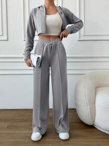 EURMUSE Của phụ nữ áo có mũ Dây kéo Áo nỉ Và Quần Bộ - Xám - Xem 1