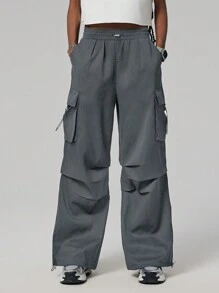 SHEIN EZwear 女款寬鬆黑色貨物褲，夏季休閒寬褲 - 深灰色 - 查看 1