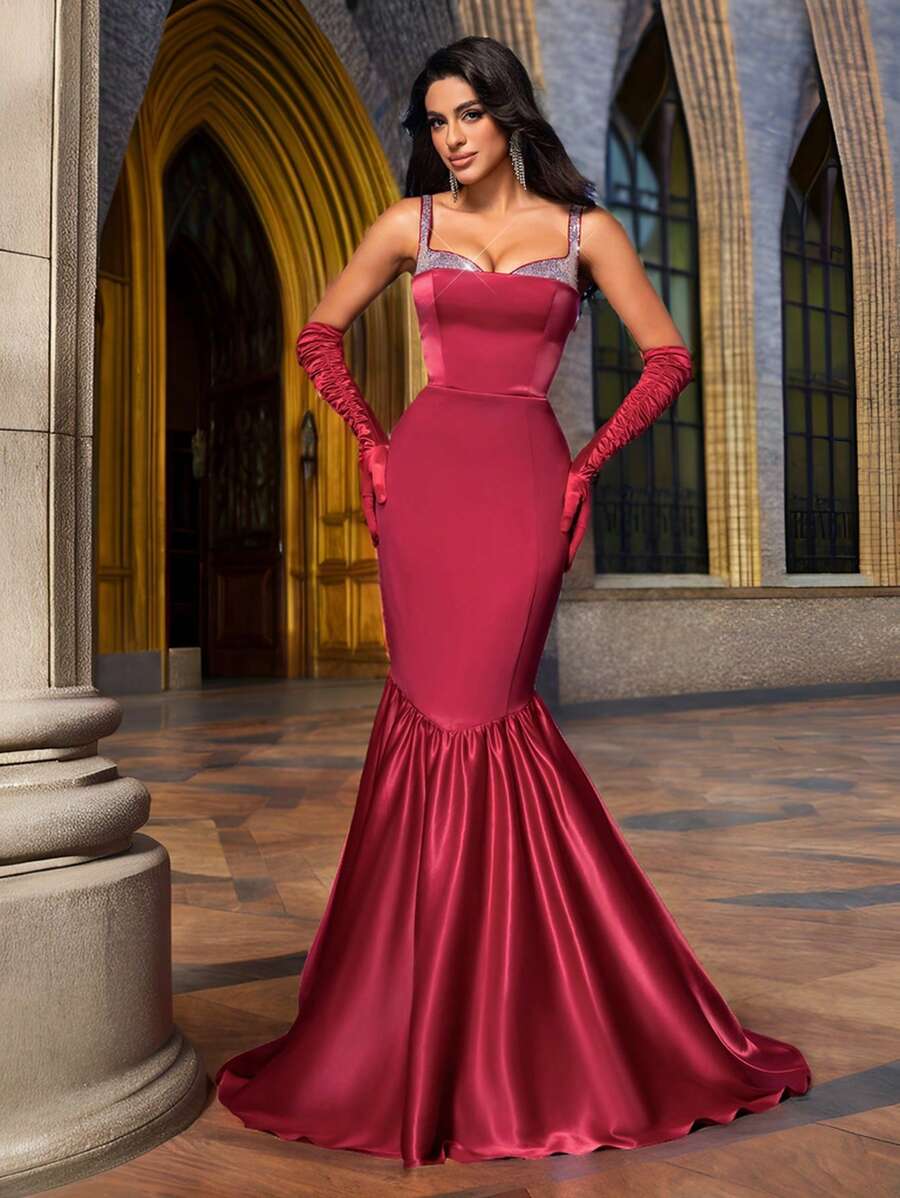 SHEIN Belle Elegant AtmosphereBurgundy Sequins SplicingWide Shoulder StrapsHigh Waist Slim Fishtail A HemBack Adjustable StrapInformal WeddingParticipate In WeddingsEventsBachelor BashPartyBack To School OutfitsHeavy Duty Dinner Party