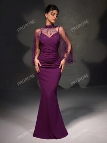 Nuovo set elegante da matrimonio con abito slim fit monocolore con contrasto in rete e cardigan senza maniche con spacchi aperti