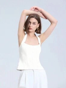 女式简约纯色无袖露背挂脖背心，日常穿着 - 白色 - 查看 6