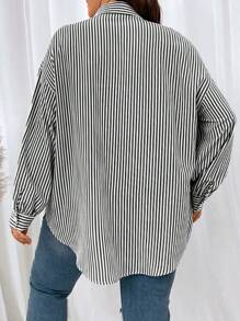 SHEIN EZwear 大码女式条纹落肩长袖休闲衬衫，春夏 - 黑色 - 查看 2