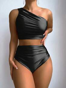 Swim Vcay Ladies' Summer Beach Solid Color Ruched One Shoulder Bikini Set - Black - View 3