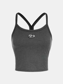 SHEIN Leap Crew 青少年女孩字母補丁細節吊帶上衣 - 深灰色 - 查看 2