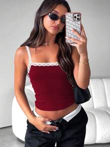 INAWLY Contrast Lace Cami Top For Summer - Burgundy - View 5
