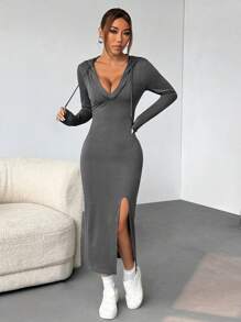 StreetHx Long Hooded Slim Fit Sweatshirt Dress With Side Slits Maxi Women Outfit Fall Cloth For Women - Grey - View 5