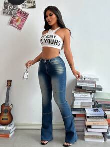 SHEIN SXY 女士修身前扣多口袋喇叭牛仔裤，休闲日常穿着 - 藍色 - 查看 1