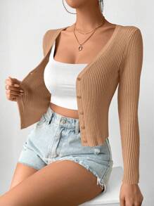 Chiquease Ribbed Knit Button Front Cardigan For Dailywear - Brown - View 4