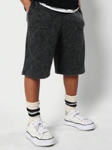 SUMWON Pull On Washed Jort With Letter Graphic Print - Black - View 1